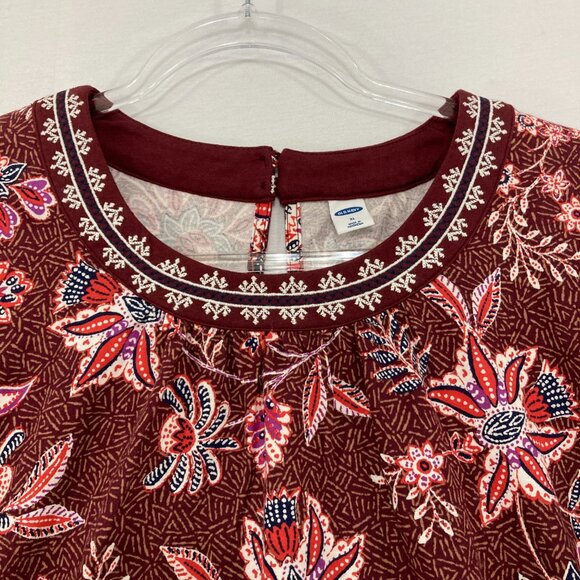 Old Navy size XL Burgundy Floral Boho Festival Cotton Stretch Blouse - Picture 3 of 9